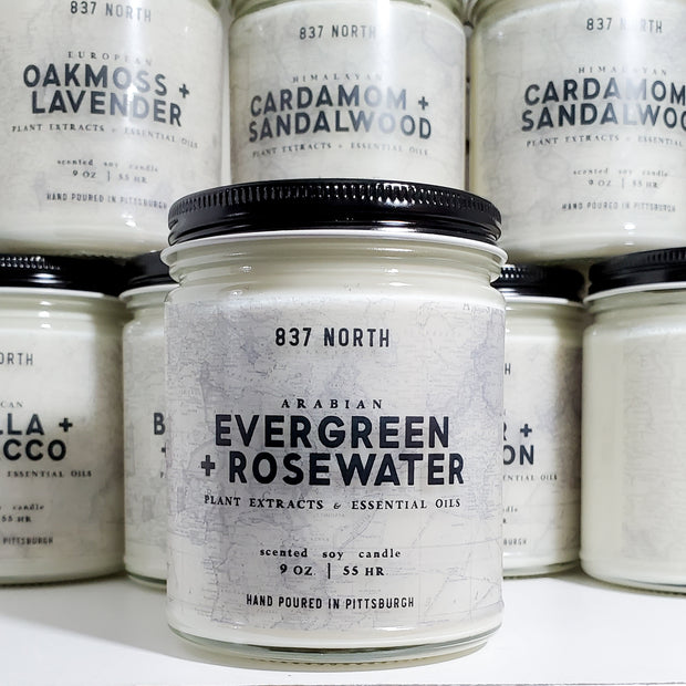 Evergreen + Rosewater, 9 oz. Soy Candle